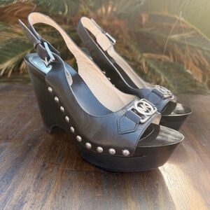 Michael Kors 9 1/2Charm Sling black leather studded peep-toe wedge slingback